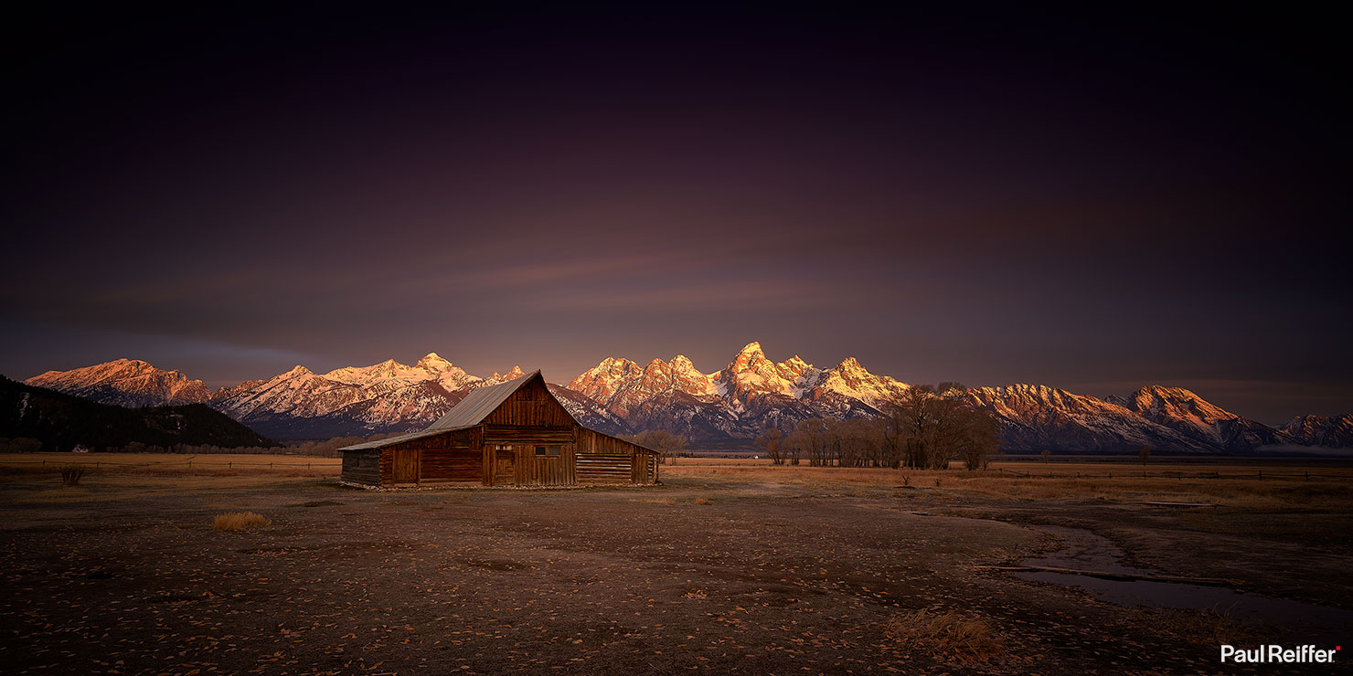 Jackson Hole T A Moulton Barn Vignette Pano Mountain Lights Winter Dark Moody Paul Reiffer Photographer Phase One IQ4 IQ3 XF 100MP 150MP Guide How To