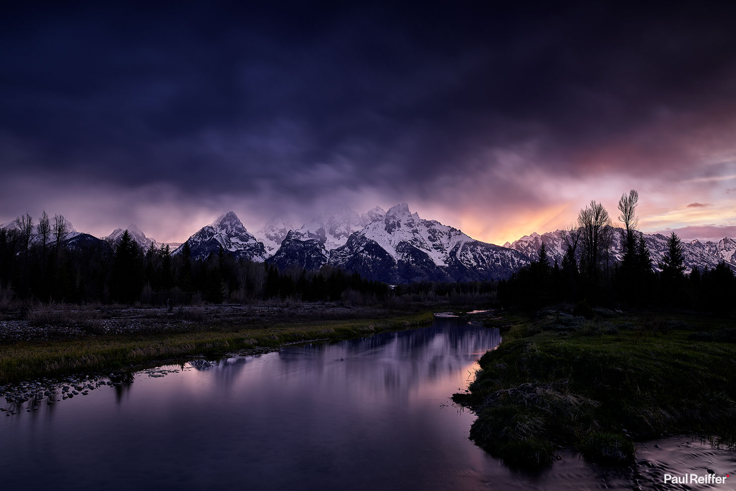 Jackson Schwabachers Landing Grand Teton Storm Sunset Spring Snake River Sky Clouds Mountains Mt Moran Paul Reiffer Professional Landscape Photographer Print Fine Art