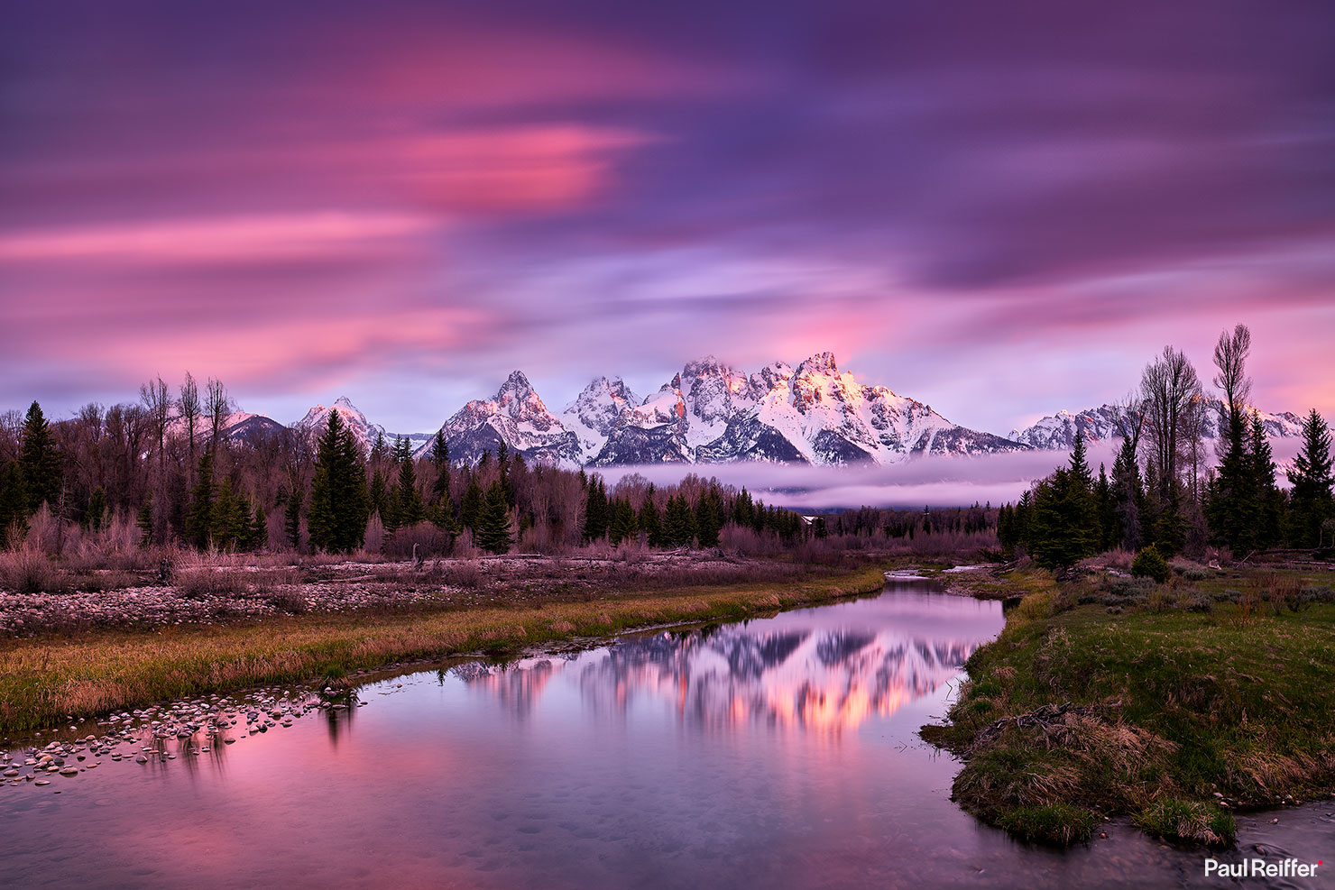 Jackson Schwabachers Landing Grand Teton Sunrise Spring Snake River Pink Sky Clouds Mountains Mt Moran Paul Reiffer Professional Landscape Photographer Print Fine Art