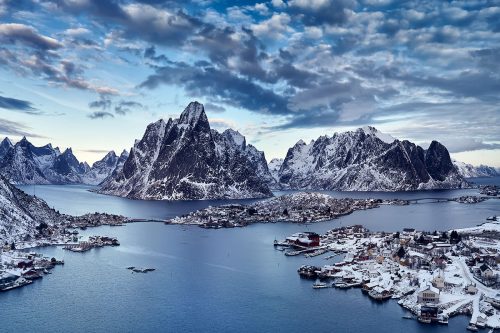 Paul Reiffer Lofoten Reine Norway Arctic Circle Northern Lights Luxury Private Photography Workshop Tour Locations Photo Drone Reine Overlook City Linked Bridges Snow Mountains Aerial