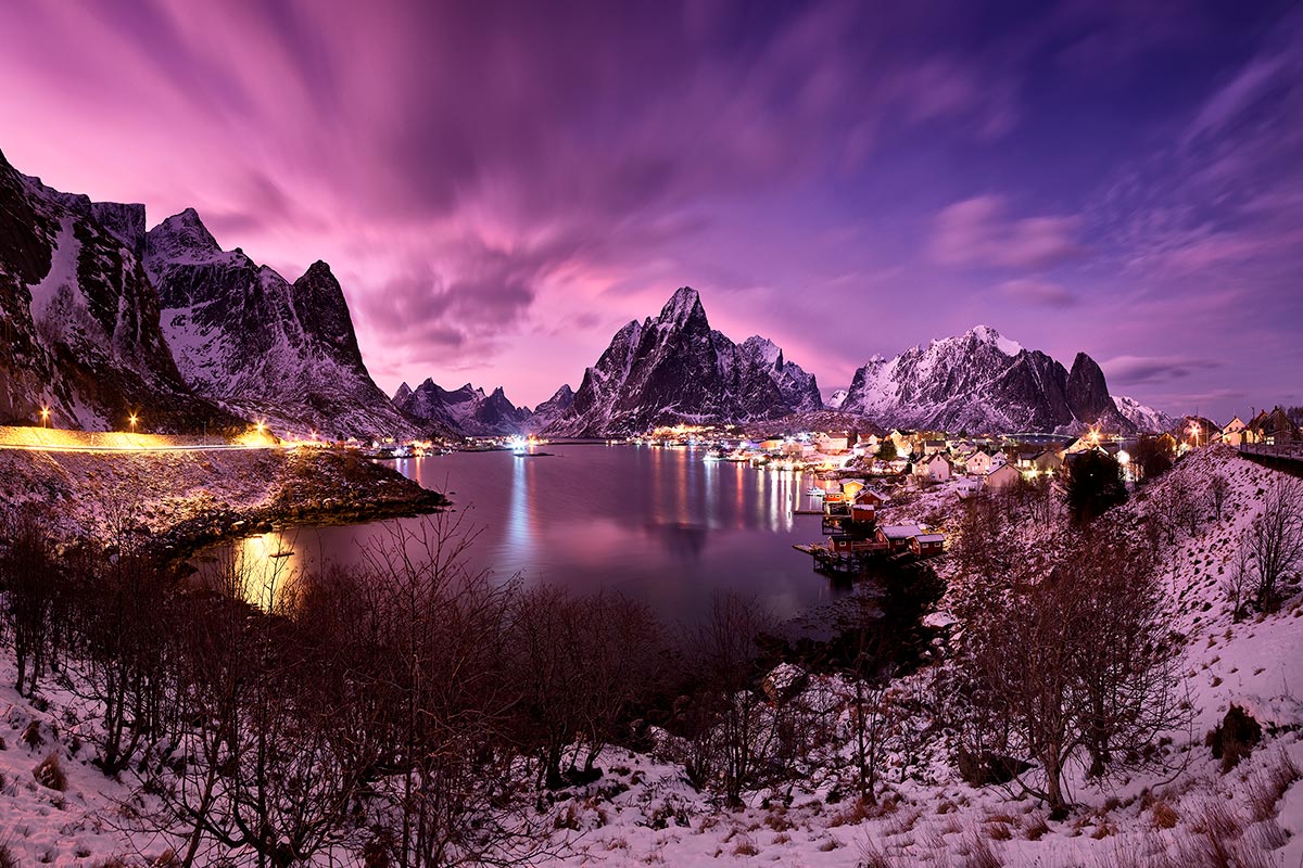 Paul Reiffer Lofoten Reine Norway Arctic Circle Northern Lights Luxury Private Photography Workshop Tour Locations Photo Overlook Dusk Mountains Snow