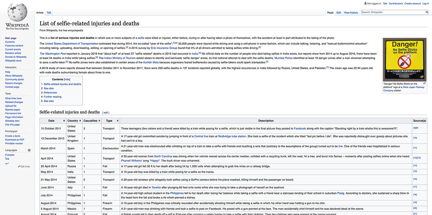 wikipedia list of selfie related injuries deaths sticks dangerous fatalities