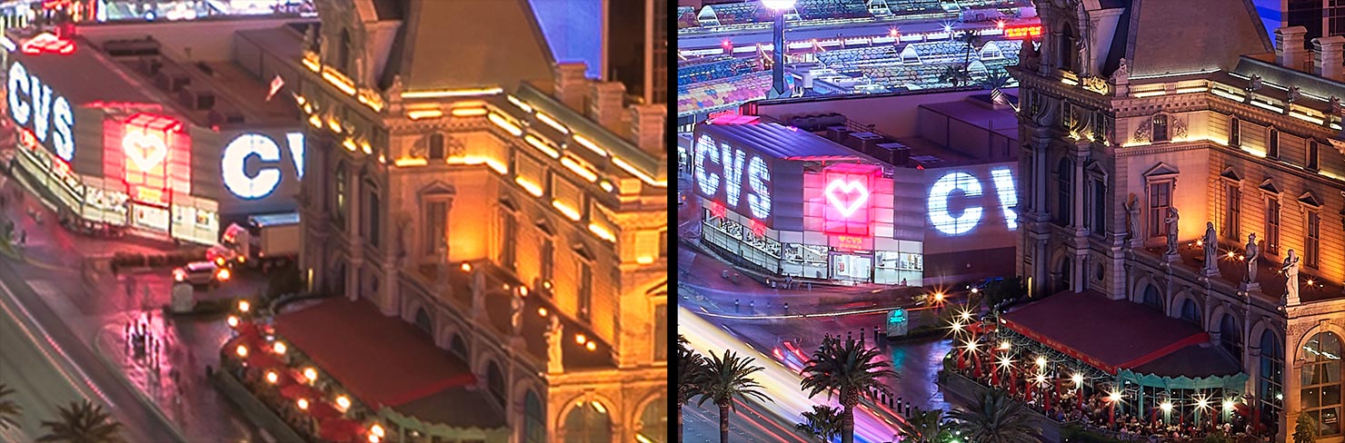 Las Vegas Strip Comparison 1 CVS Paris Hotel 151 Megapixel Phase One Nikon D750 Night Cityscape Details Resolution