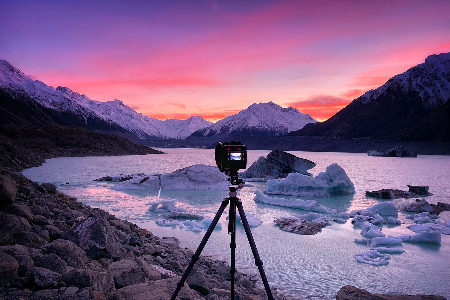 New Zealand Tasman Lake BTS Paul Reiffer Phase One Cambo Tech Camera Setup Winter Sunrise Copyright