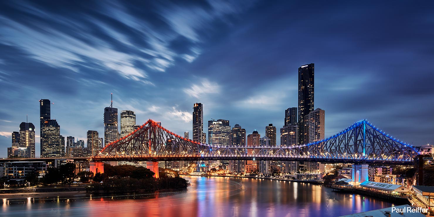 Brisbane Cityscape Skyline Story Bridge Blue Hour Night City Skyline Lights Historic Long Exposure Paul Reiffer Photographer Commercial Landscape Travel Australia