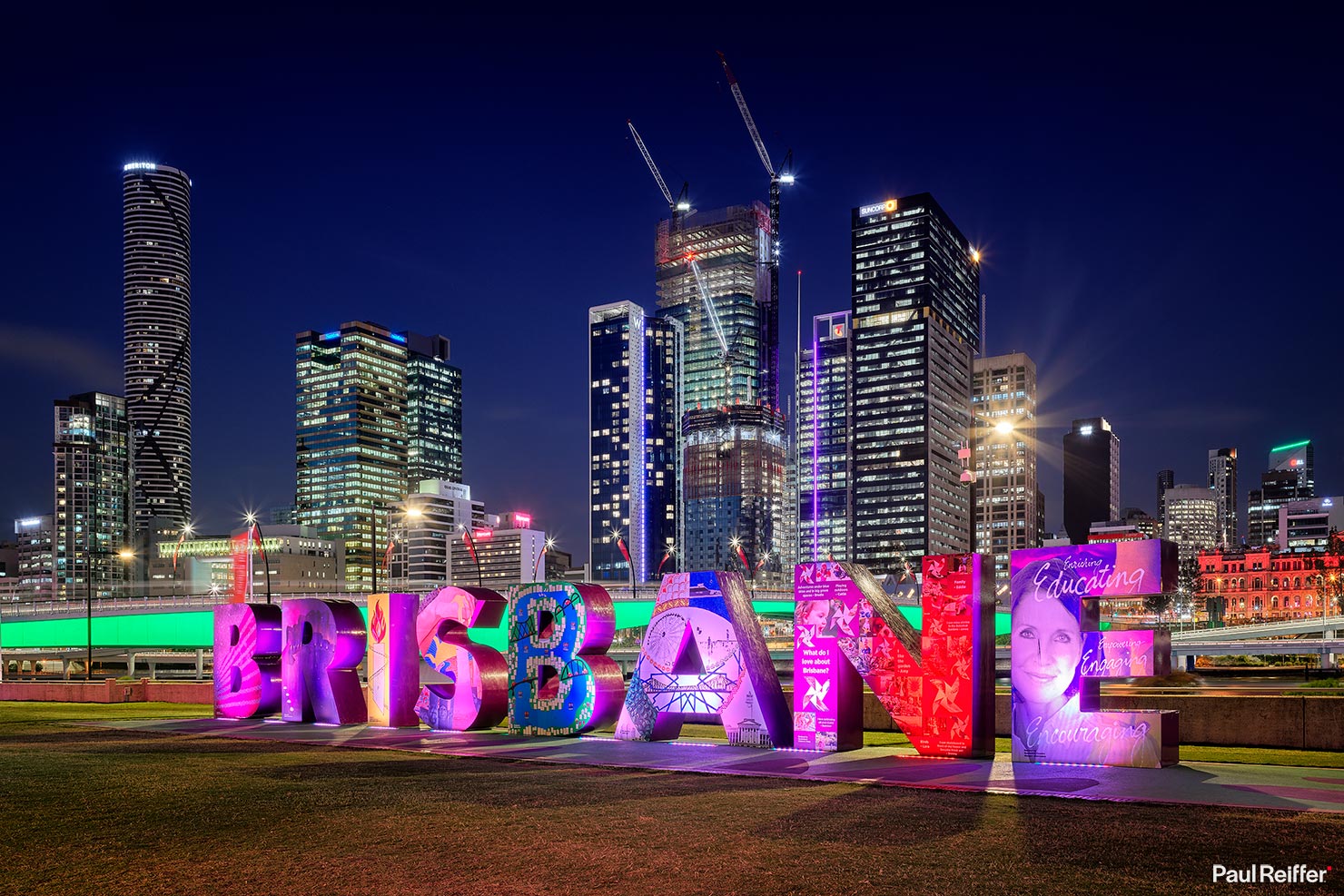 Brisbane Sign City Cityscape Night Skyline South Bank Victoria Bridge Lights Paul Reiffer Australia Commercial Giant Letters