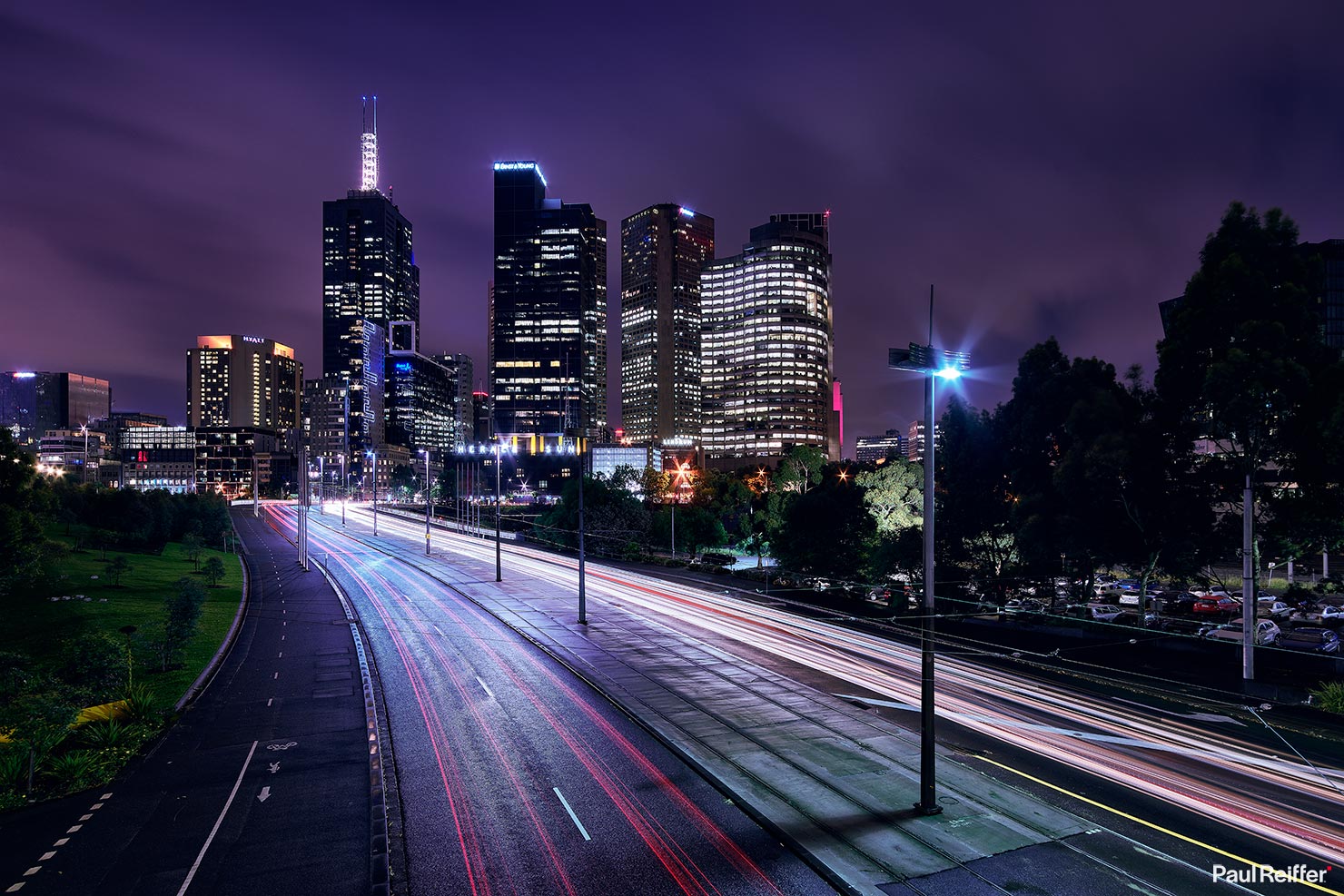 Melbourne Approach Batman Avenue Skyline Long Exposure Light Trails Australia Downtown Lights Night Paul Reiffer City Photographer Commercial Travel Destination High Resolution