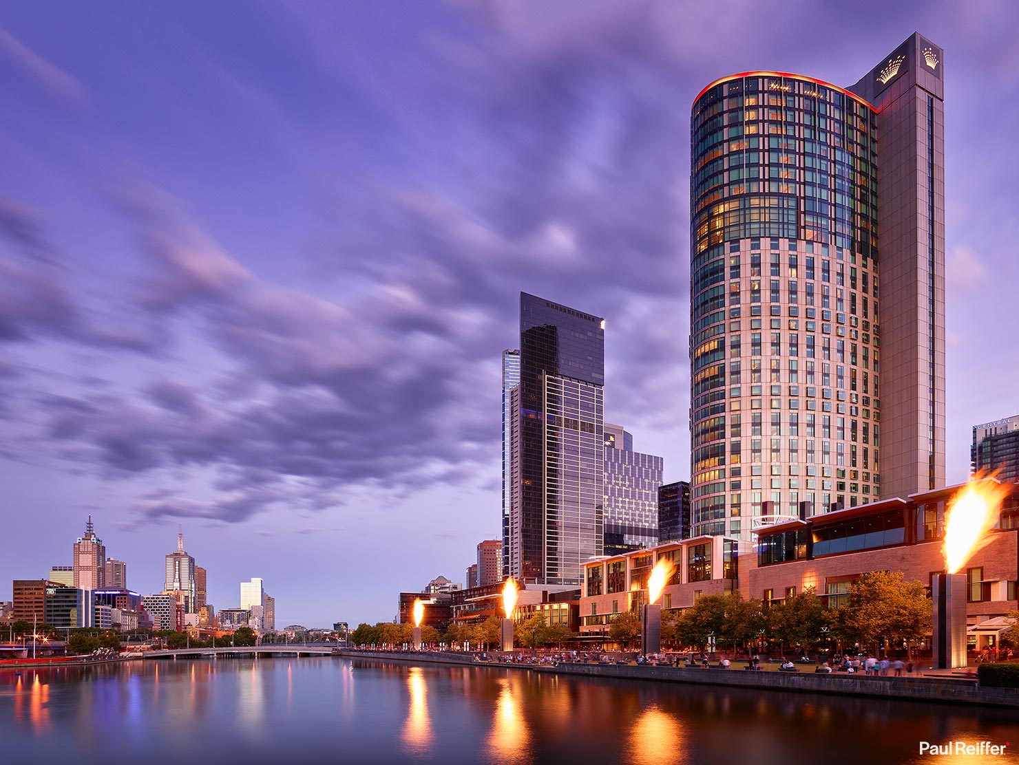 Melbourne Dusk Crown Casino Fire Riverside Queens Bridge Reflections Yarra River City Center Downtown Skyline Clouds Paul Reiffer Photographer Commercial Travel Destination Australia Victoria