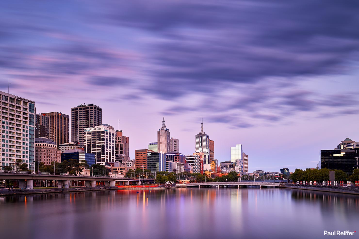 Melbourne Dusk Queens Bridge Reflections Long Exposure Yarra River City Center Downtown Skyline Clouds Paul Reiffer Professional Photographer Commercial Travel Destination Australia Victoria