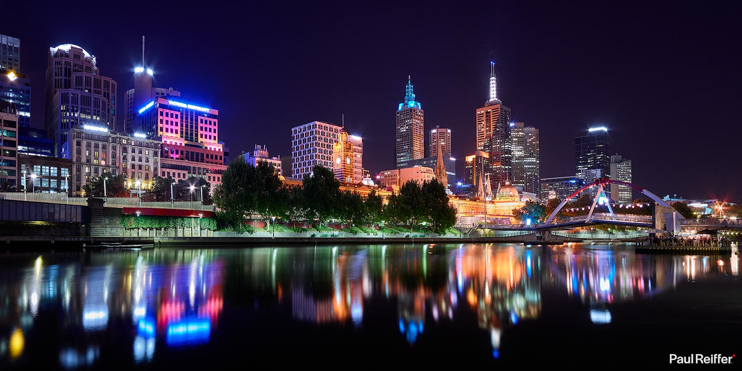 Melbourne Night Skyline 1 Victoria University Australia Downtown Flinders Street Station Reflections Yarra River Paul Reiffer Commercial Landscape Travel Photographer