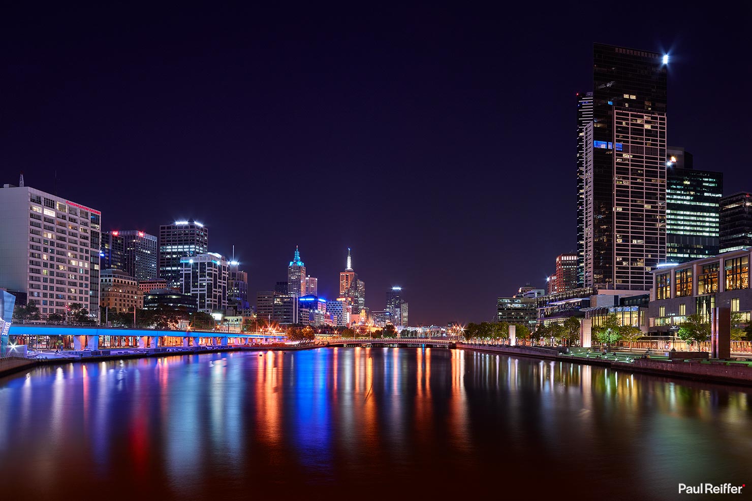 Melbourne Night Yarra River Reflections City Skyline Cityscape Long Exposure Downtown Queens Bridge Promenade Paul Reiffer Professional Photographer Medium Format