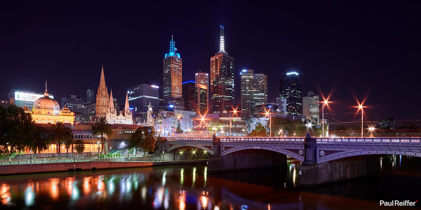 Melbourne Princes Bridge Flinders Street Station Downtown Evan Walker Cityscape Night Lights Paul Reiffer Travel Destination Photography Commercial Licensing Australia