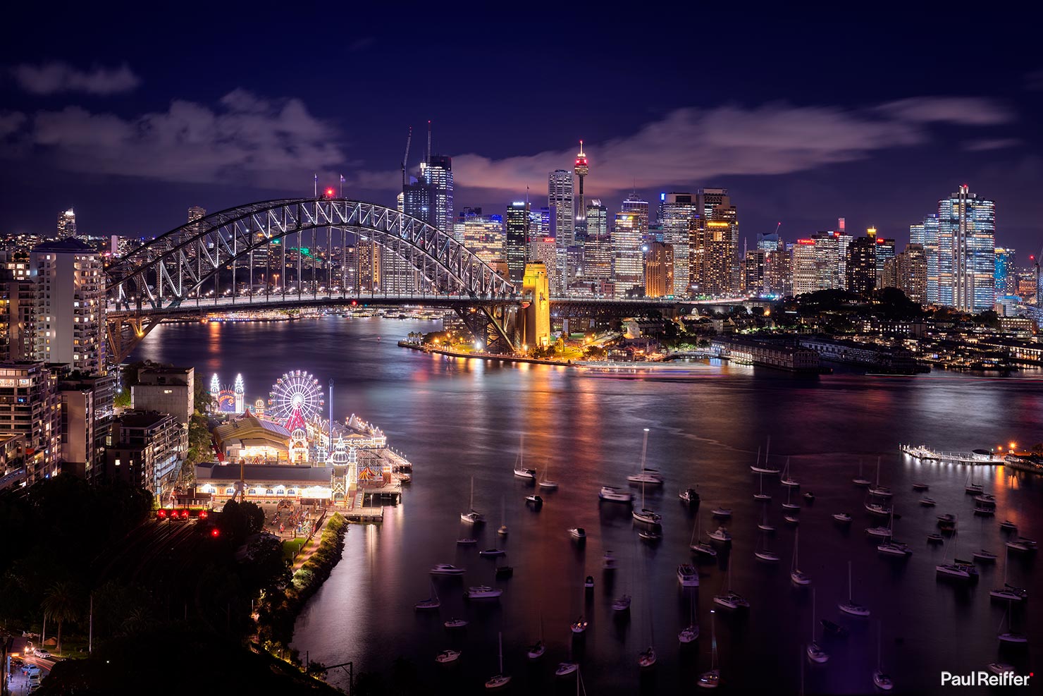 Sydney Harbour North Night Wide City Australia Luna Park Double Bay Bridge Paul Reiffer Commercial Landscape Travel Destination Photographer High Res Phase One