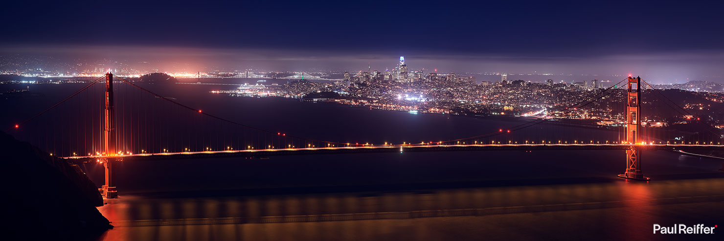 Golden Gate Marin Headlands Night City Panoramic San Francisco Lights Trails Paul Reiffer Phase One Long Exposure Bridge