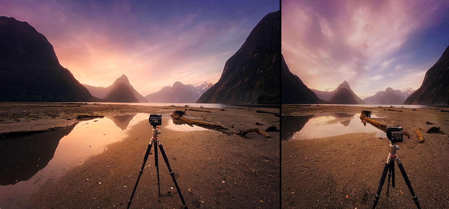 BTS Driftwood Sunset Colour Explosion Reflections Milford Sound Sky Phase One Camera Paul Reiffer Photographer Water Fiordland Behind The Scenes