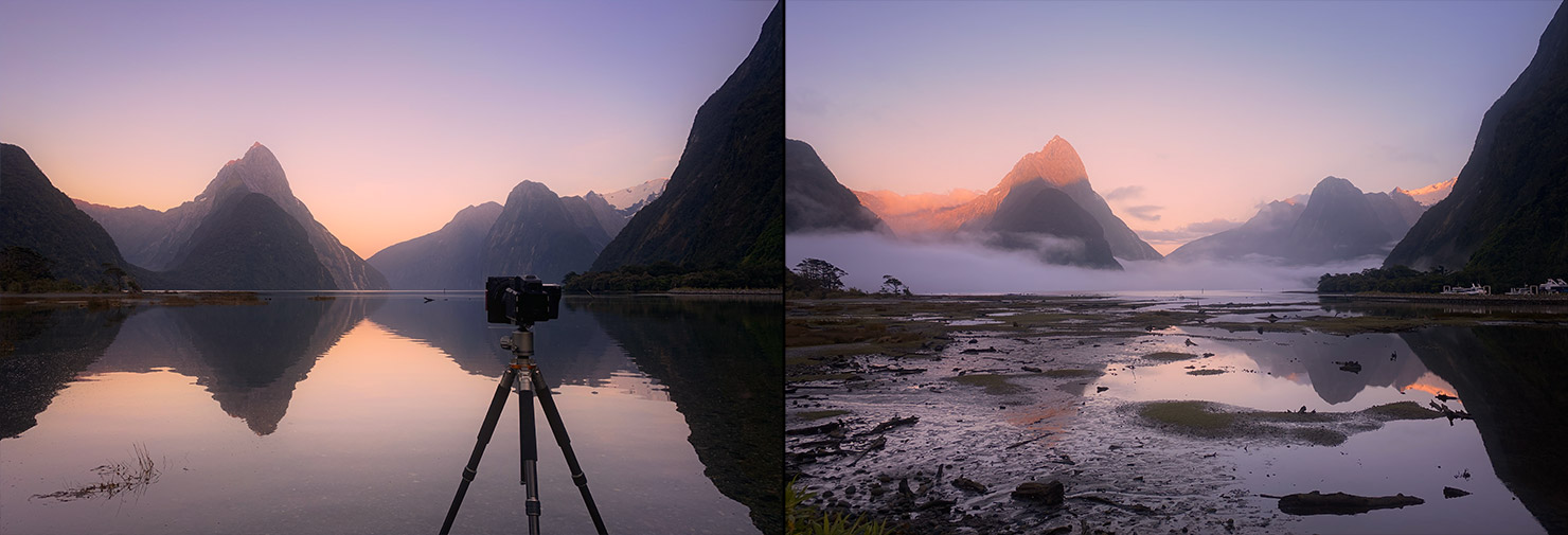 BTS Milford Sound Still Sunrise Fog Difference Tide Change Mist Morning Paul Reiffer New Zealand Phase One Camera Fiordland