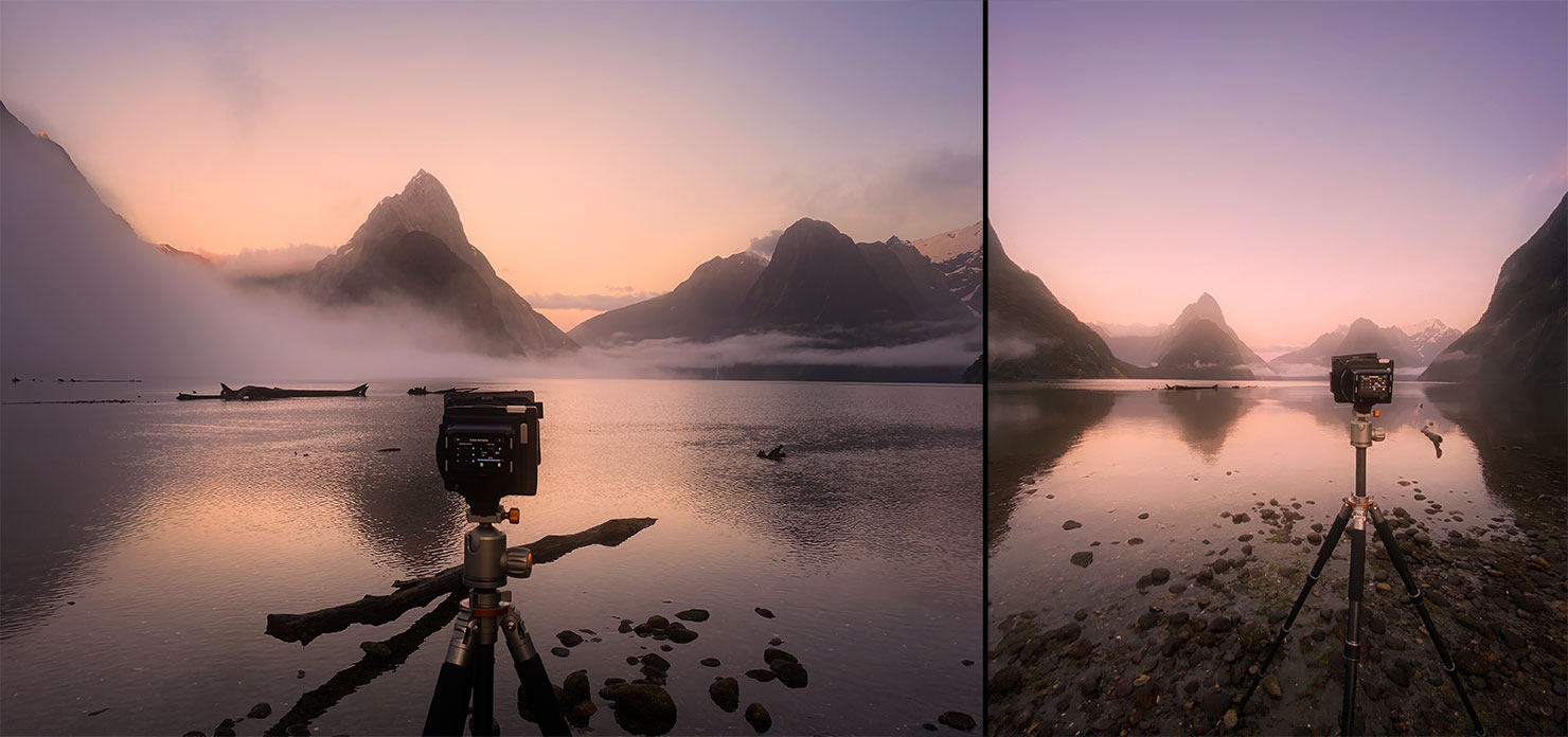 BTS Photographing Milford Sound Sunrise Morning Mist Wind Tide Reflections Driftwood Logs Paul Reiffer Fiordland Landscapes