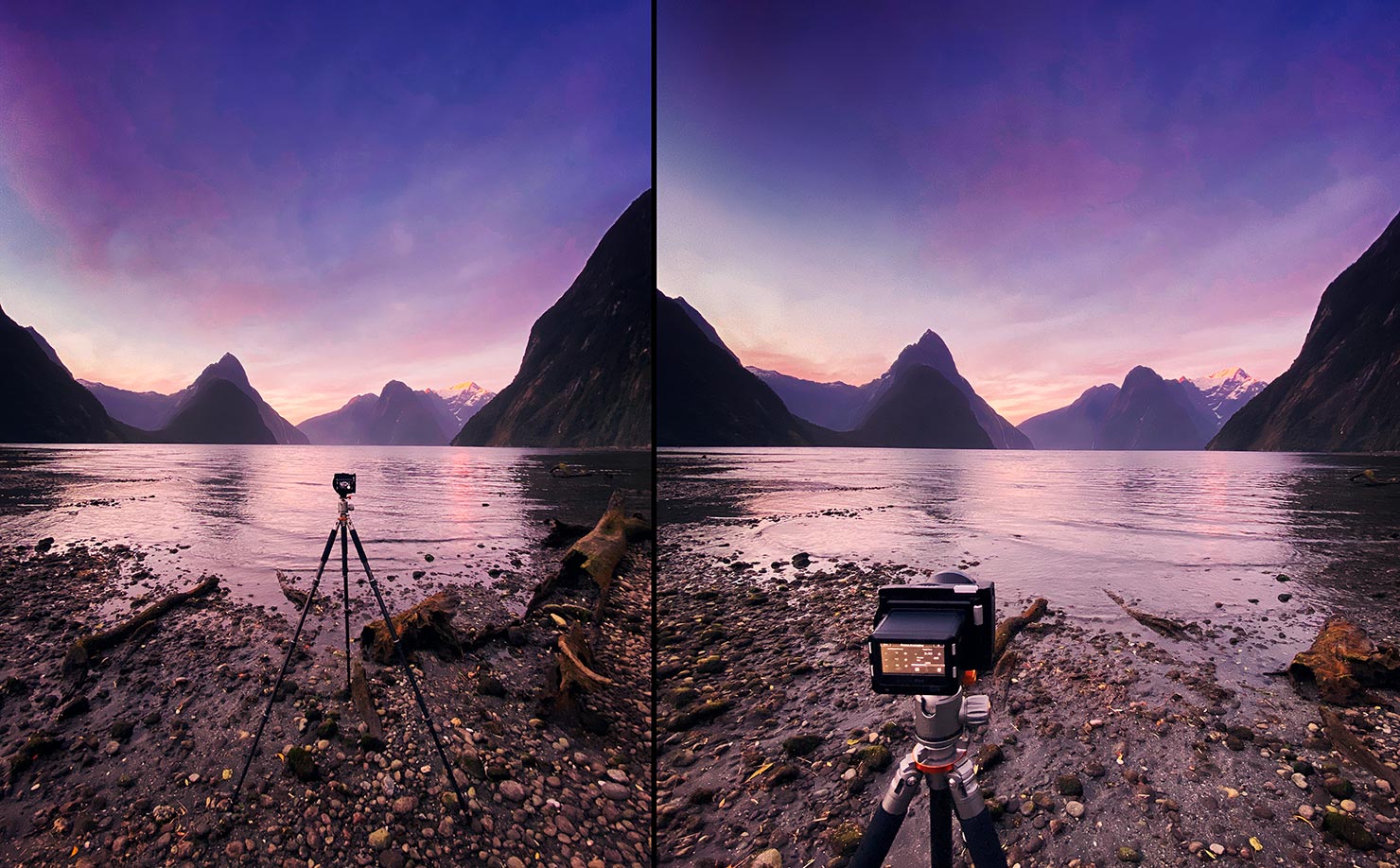 BTS Sunset Colour Explosion Milford Sound Sky Phase One Camera Paul Reiffer Photographer Water Fiordland Behind The Scenes