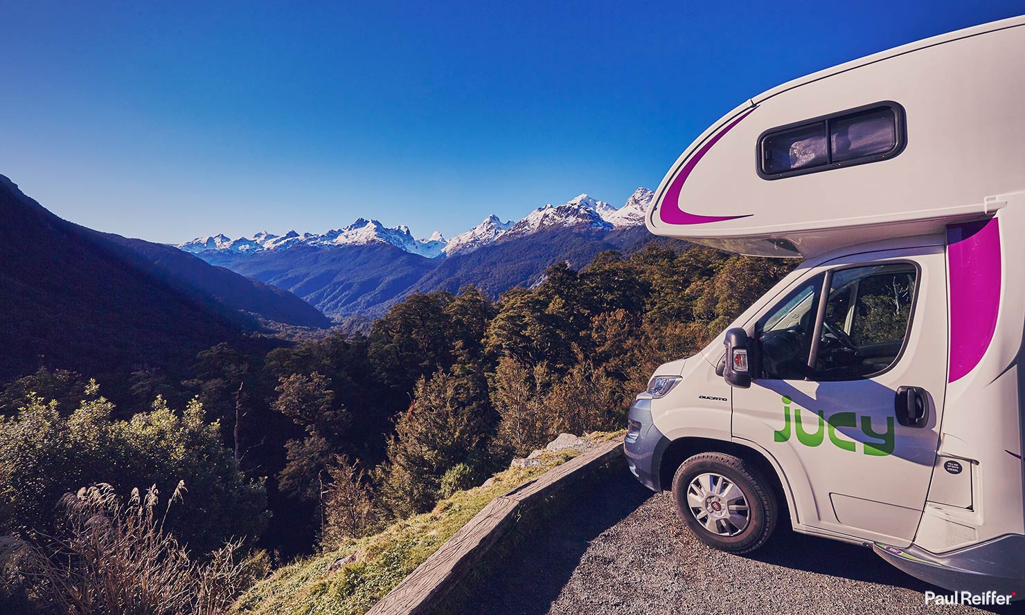 Jucy Camper Van Campervan Mobile Home Milford Road Trip Lookout Point Valley Winter New Zealand Sound Paul Reiffer Photographer