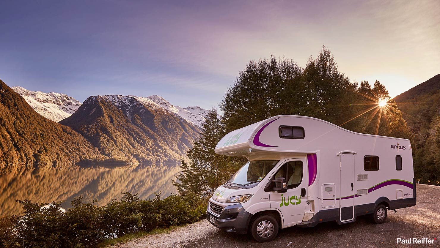 Jucy Camper Van Campervan Mobile Home Milford Road Trip Sunrise Flare Winter New Zealand Sound Paul Reiffer Photographer