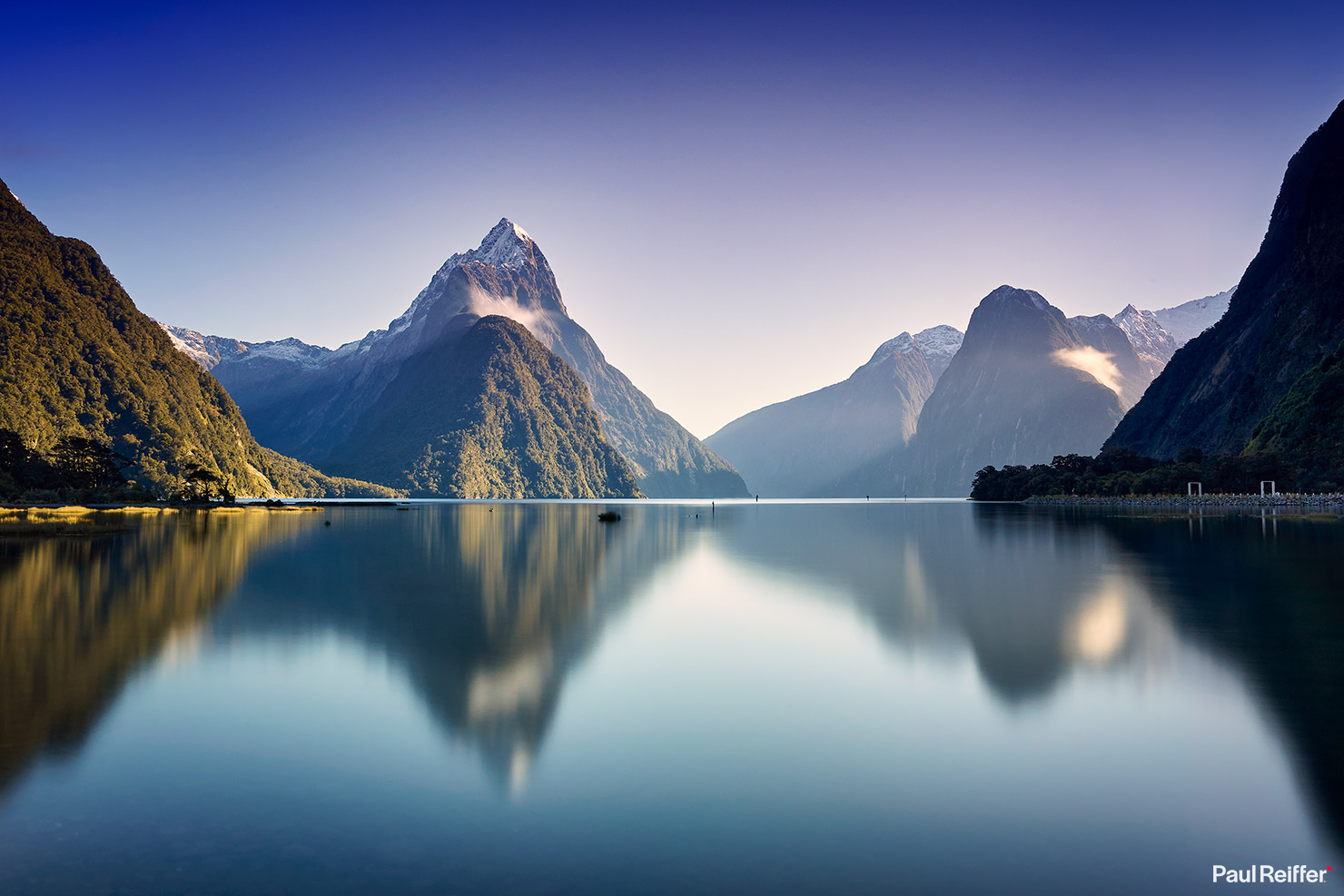 Milford Sound Daytime Reflection Mitre Peak Long Exposure Paul Reiffer Phase One Medium Format Landscape Photographer Summer Green Hills