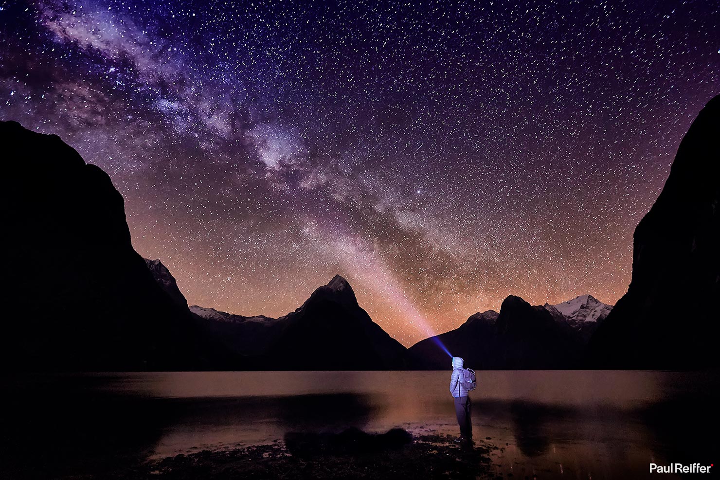 Milford Sound Milky Way Paul Reiffer Copyright Astro Photography Night Sky Galaxy Landscape Photographer Person Flashlight Torch