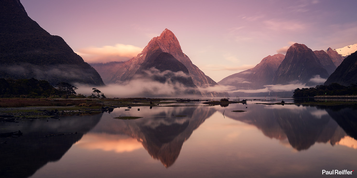 Milford Sound Soft Sunrise Pano Reflections Still Fog Mist Morning Paul Reiffer New Zealand Fiordland National Park Winter Warm Glow Panoramic