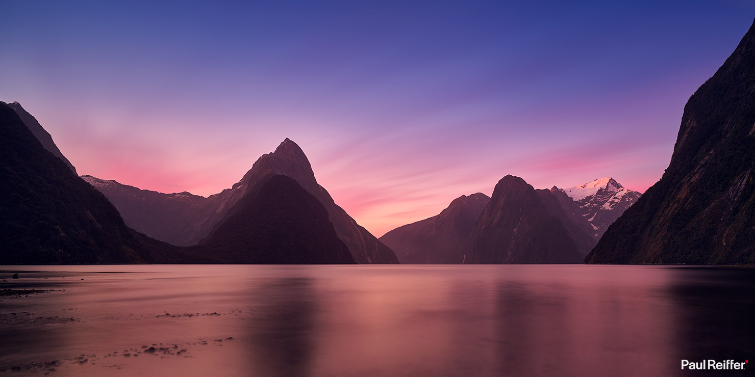 Milford Sound Sunset Explosion Colour Color Mountains Mitre Peak Fiord Fjord Water Long Exposure Moody Paul Reiffer Photographer Landscape