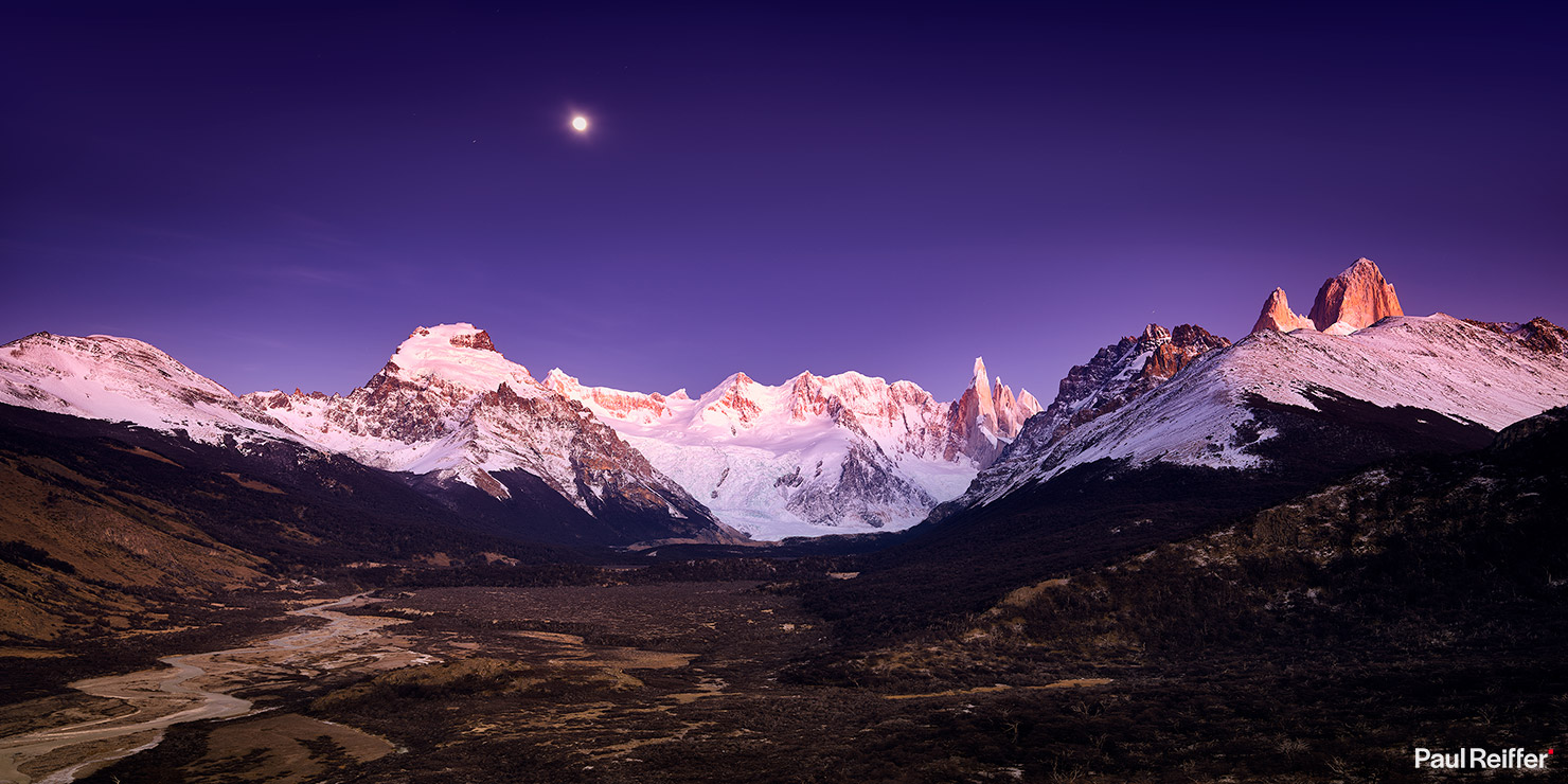 Patagonia Moonlit Mt Fitz Roy Glacier View Panoramic Landscape Photography Paul Reiffer Phase One Medium Format Moonlight Night Sky Stars Mountains Snow