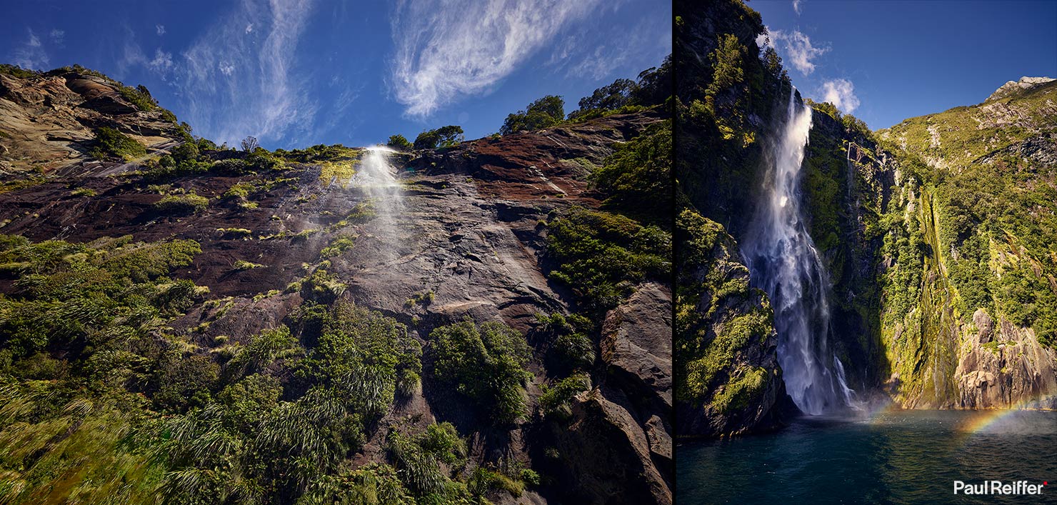 Waterfall Milford Sound Boat Trips Sightseeing Underneath Rainbow Paul Reiffer New Zealand Landscapes Photography Guide Shooting