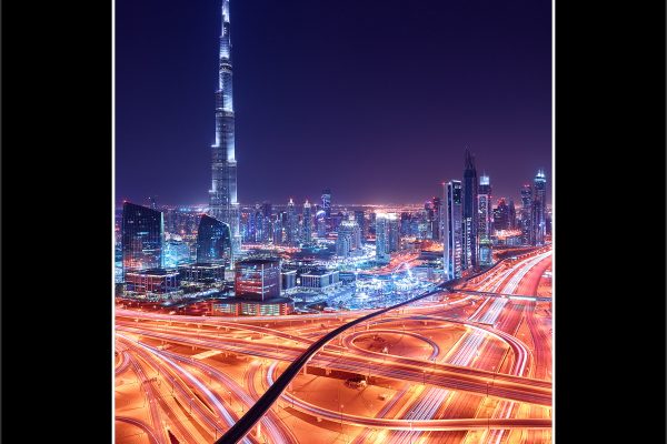 product picture Blaze Dubai Freeways Rooftop Aerial Burj Khalifa Downtown Cityscape Night City buy limited edition print paul reiffer photograph photography