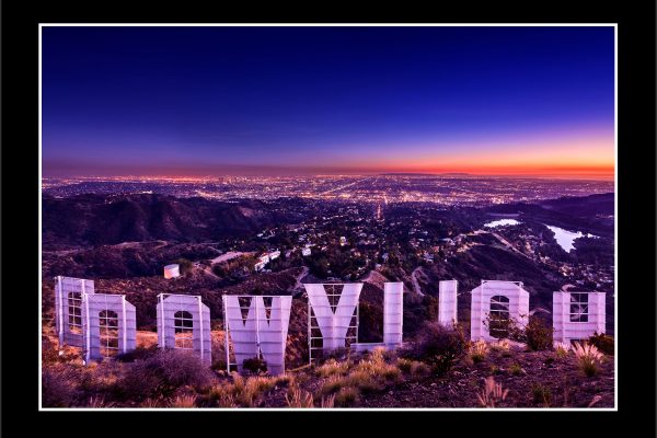 product picture Curtain Call Hollywood Sign Night Sunset Lights Los Angeles LA City Cityscape Reverse Lights buy limited edition print paul reiffer photograph photography