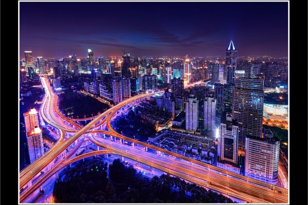 product picture Heartbeat Shanghai Aerial Rooftop Freeway Roads Illuminated Blue Intersection City Cityscape Yan An buy limited edition print paul reiffer photograph photography