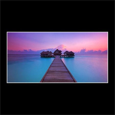 product picture Overwater Huvafen Fushi Jetty Sunrise Pink Sky Blue Water Ocean Maldives Wooden Hut buy limited edition print paul reiffer photograph photography