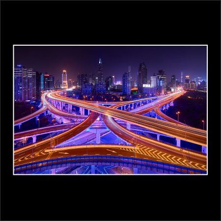 product picture Shanghai Calling 2 Yan An Road Freeways Illuminated Intersection Blue Cityscape Night Lights buy limited edition print paul reiffer photograph photography