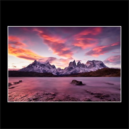 product picture Southern Fire Patagonia Torres Del Paine Chile Sunset Mountains Long Exposure Sky Fire Red Lake Pehoe buy limited edition print paul reiffer photograph photography