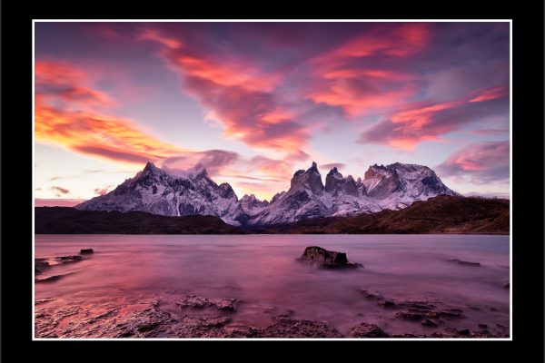 product picture Southern Fire Patagonia Torres Del Paine Chile Sunset Mountains Long Exposure Sky Fire Red Lake Pehoe buy limited edition print paul reiffer photograph photography