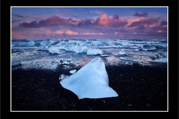 product picture Beached Diamond Beach Jokulsarlon Iceland Black Sand Ice Icebergs Glacier Ocean Sea Rough Sunset Cold Block buy limited edition print paul reiffer photograph photography