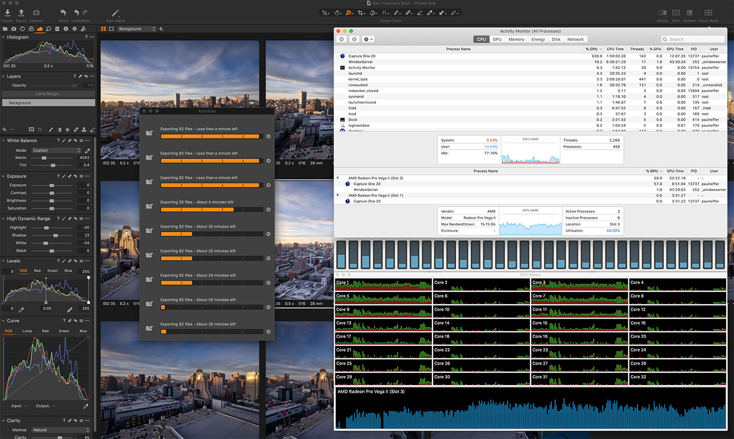 Activity Monitor Process Images Import Catalog GPU OSX 16 core Apple Mac Pro Review 2019 2020 Dual Vega Radeon Capture One Paul Reiffer Photographer Phase One Charts