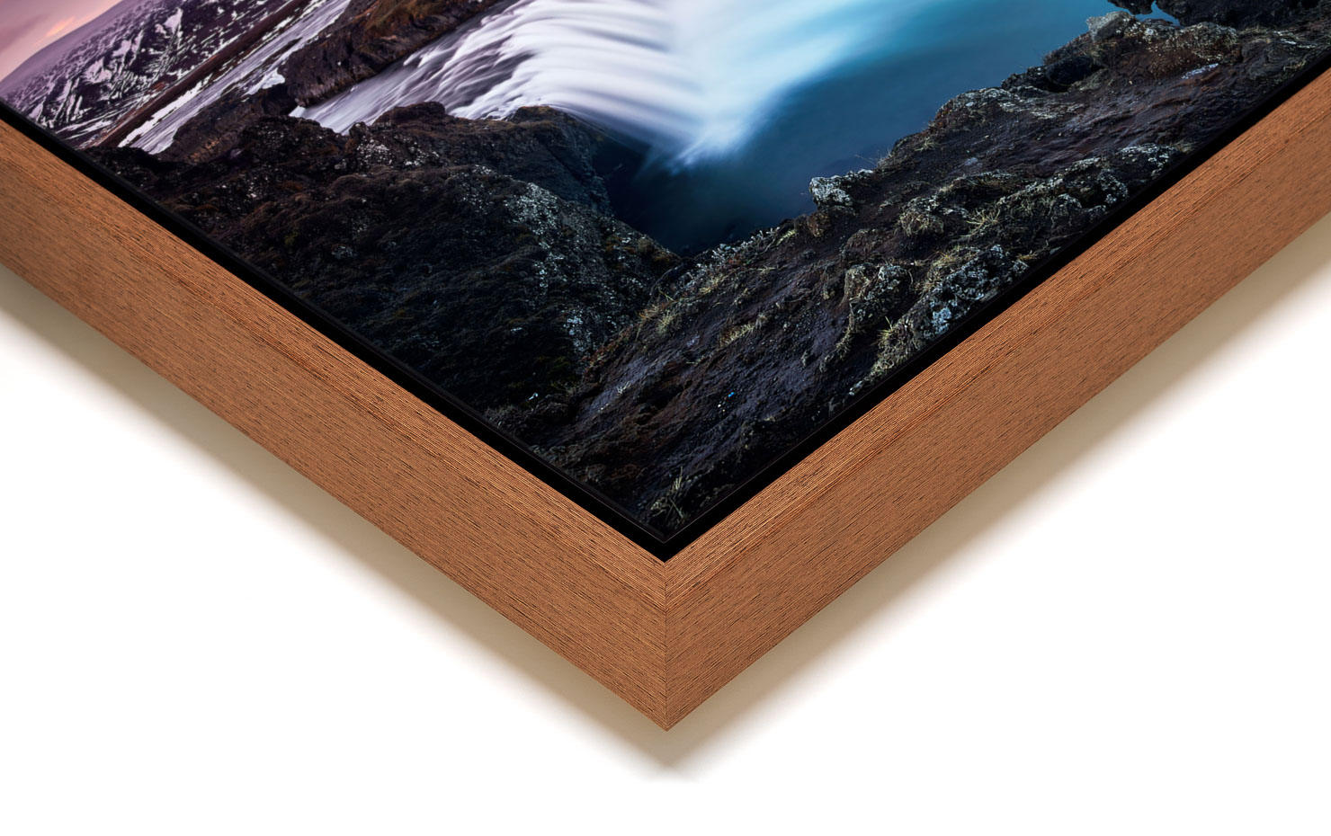 overflow Godafoss Iceland buy limited edition photograph landscape Full Light Floating Tray Frame Solid Wood Acrylic Paul Reiffer