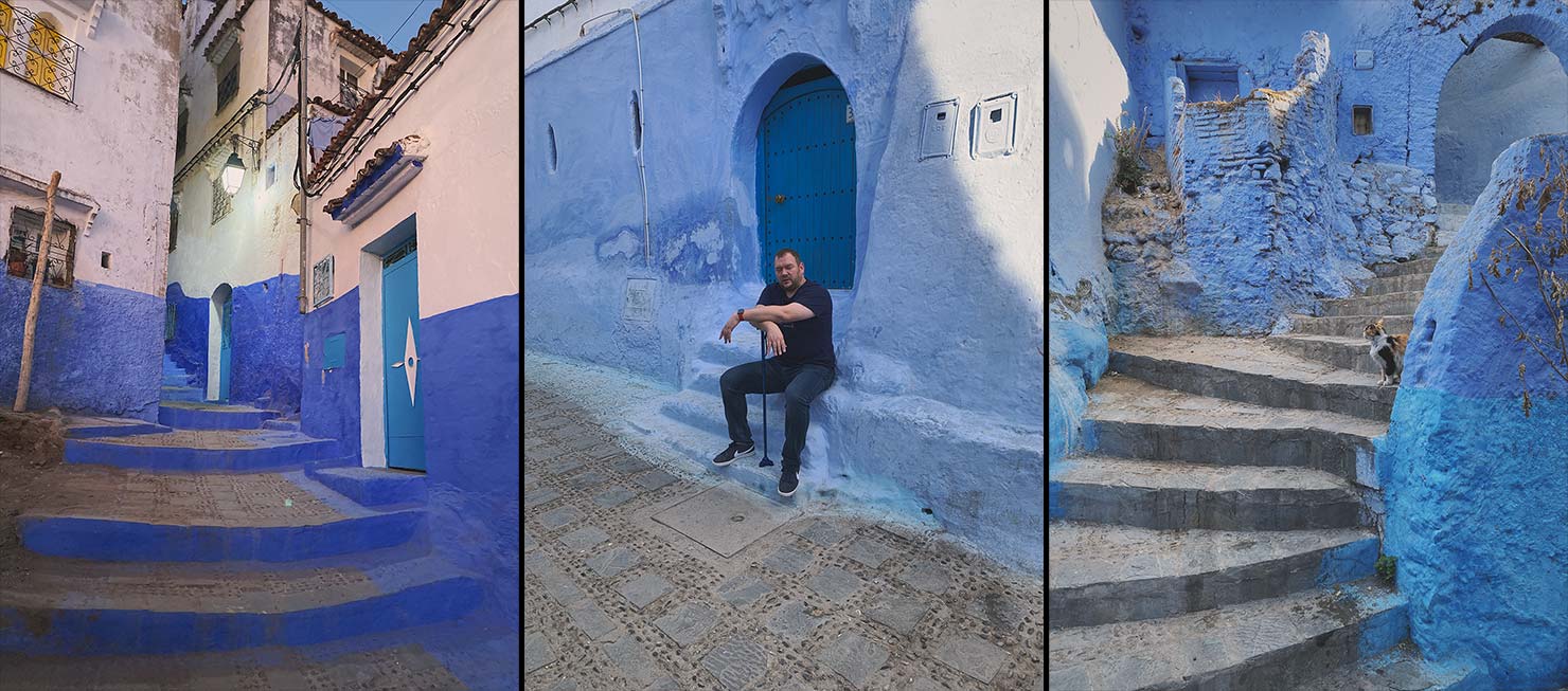 Morocco Chefchaouen Blue City Steps Steep Hills Paul Reiffer Walking Stick Broken Back Yoga Fix
