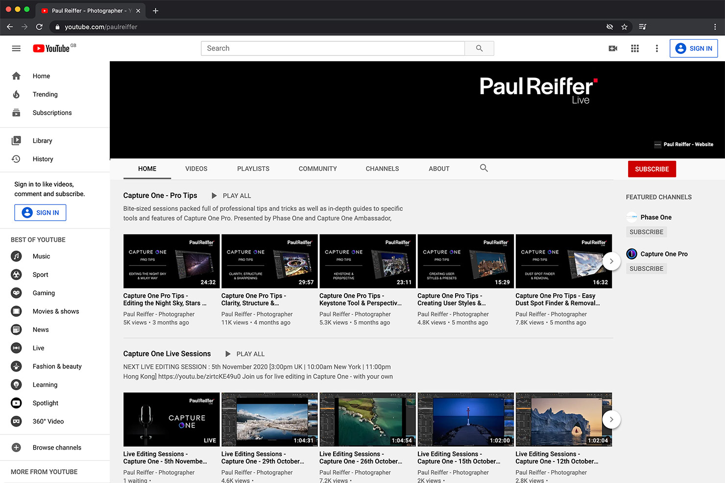 YouTube Live Editing Sessions Capture One Paul Reiffer Subscribe Pro Tips