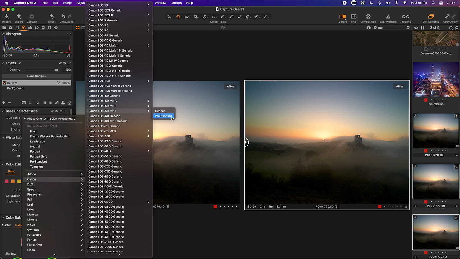 Select Pro Standard Prostandard Canon Camera Profile Capture One 21 Upgrade How To Review Update Features New Release Paul Reiffer Photographer Edit Raw Version