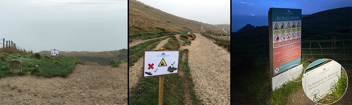BTS Shoes Warnings No Drones BBQ Durdle Door Beach Lulworth Estate Sign Top of Hill Hike