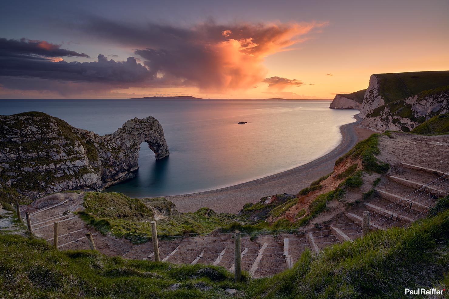 Durdle Door Sunset Warm Cloud Top Steps Jurassic Coast Dorset South England Portland Archway Paul Reiffer Landscape Photography