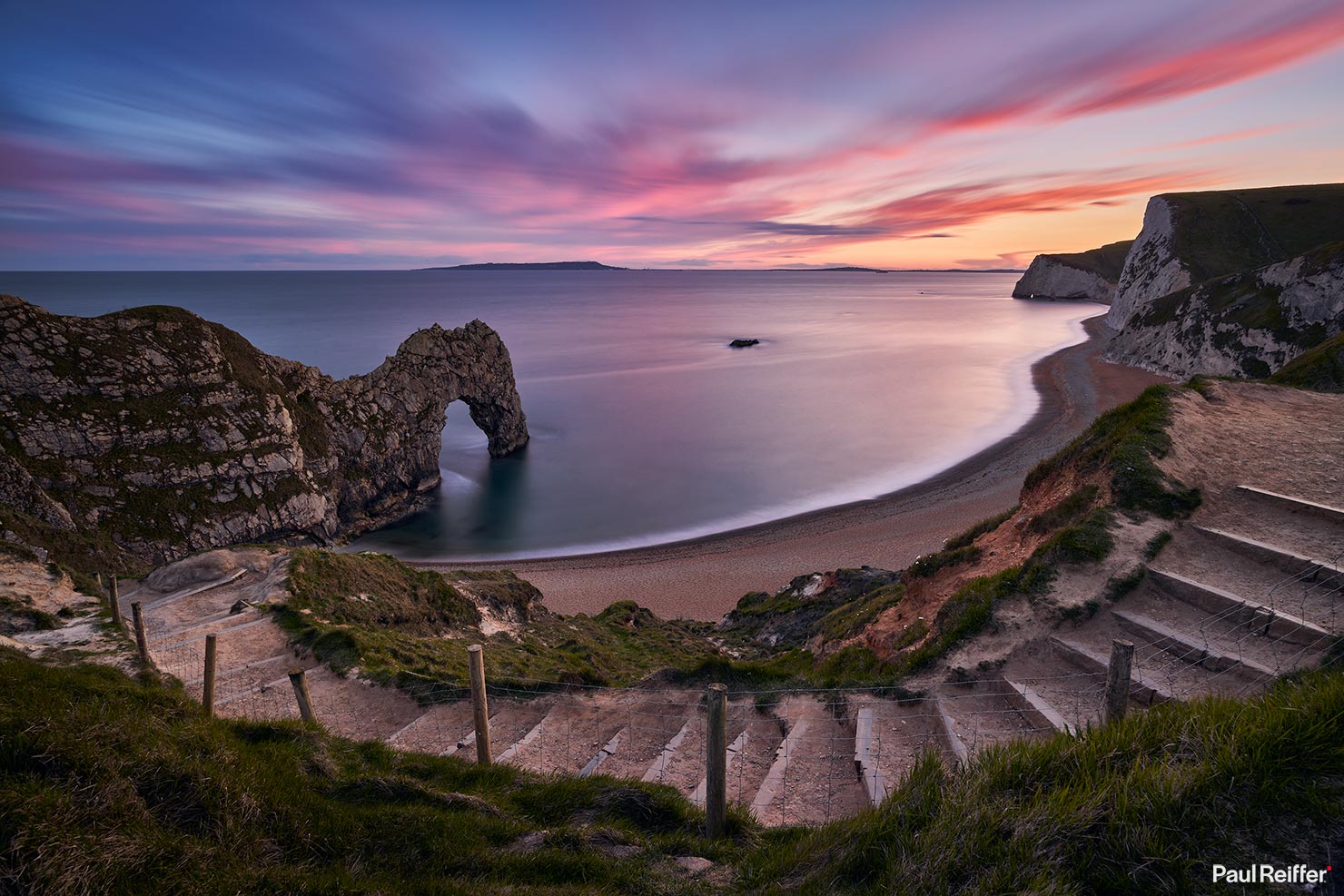 Durdle Door Sunset Whispy Sky Clouds Top Steps Jurassic Coast Dorset South England Portland Archway Paul Reiffer Landscape Photography