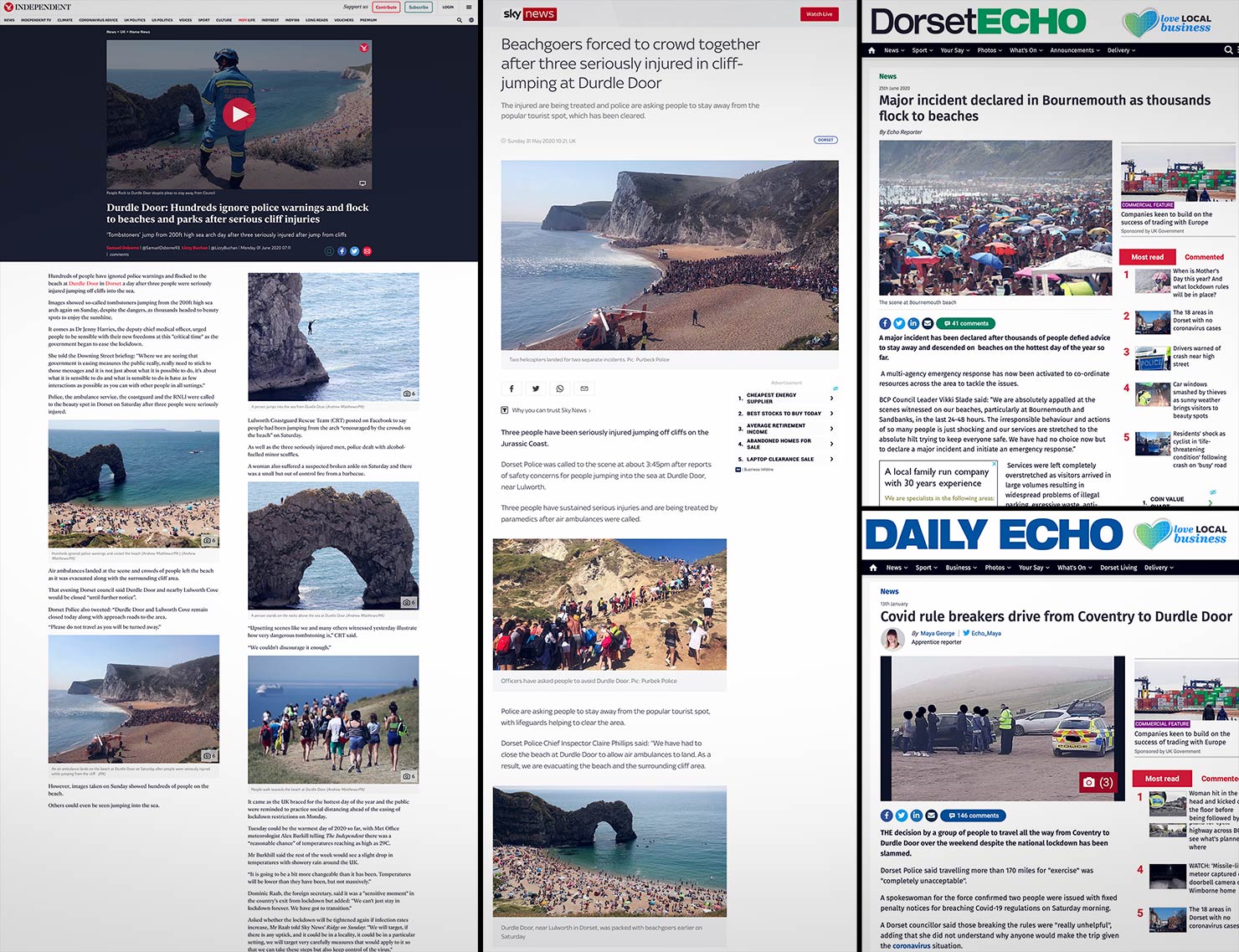 Newspapers UK Crowds Durdle Door Divers Crowds COVID Lockdown Rule Breaking 2020 Dorset Tombstoning Helicopter Rescue Beach Articles Purbeck Police