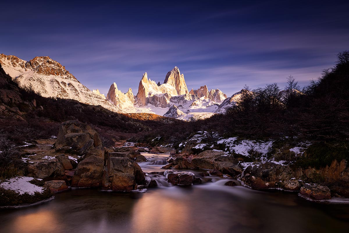 Paul Reiffer Patagonia Argentina Photography Workshop El Chalten Sunrise Mt Mount Fitz Roy Glacier Mountain Day Cascade Water Winter