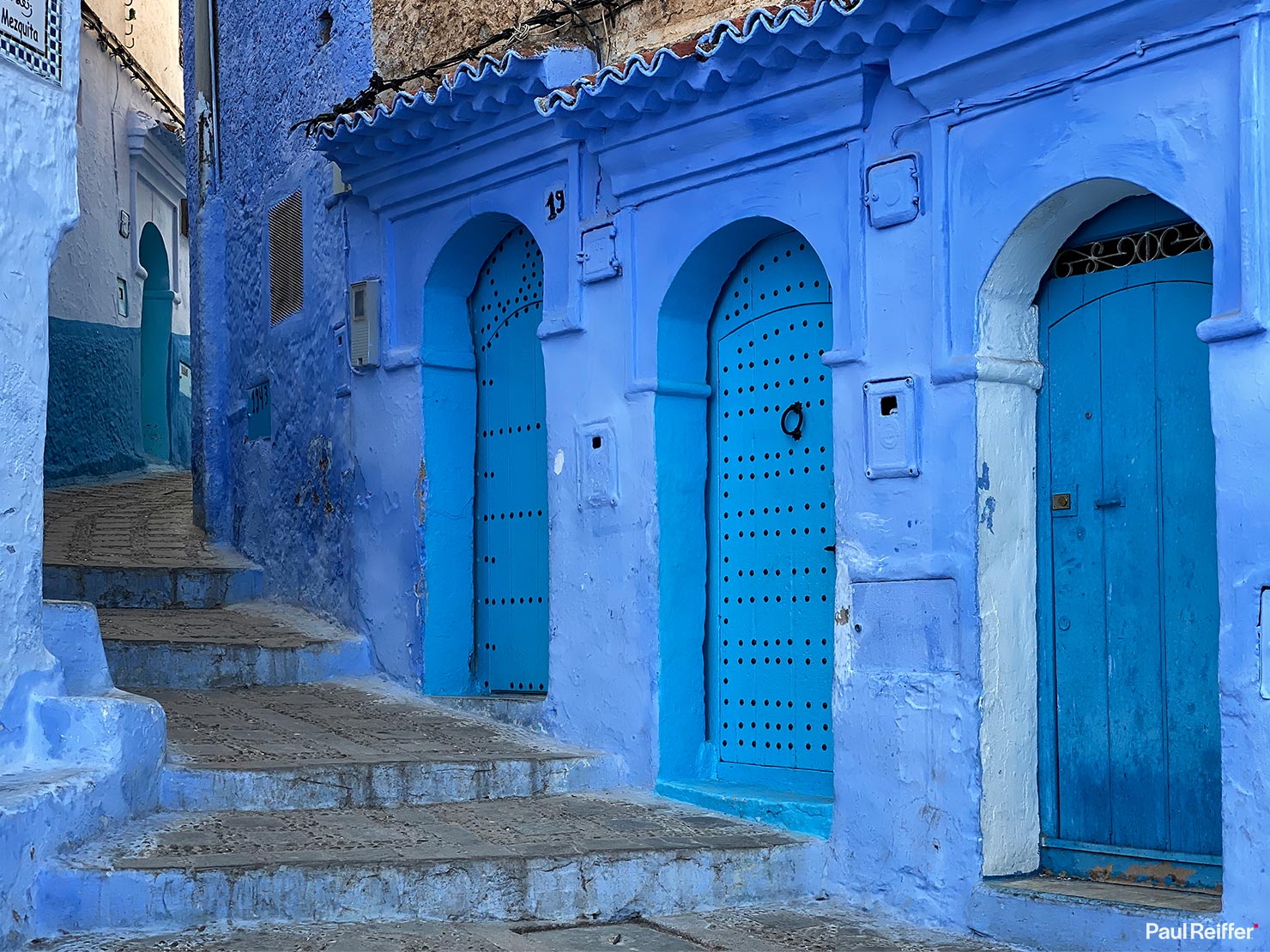 Blue Walls Doors Three Steps Painted City Visit Chefchaouen Morocco Chaouen Empty Street Scenes Paul Reiffer Photographer iPhone Travel Apple Landscape Photography
