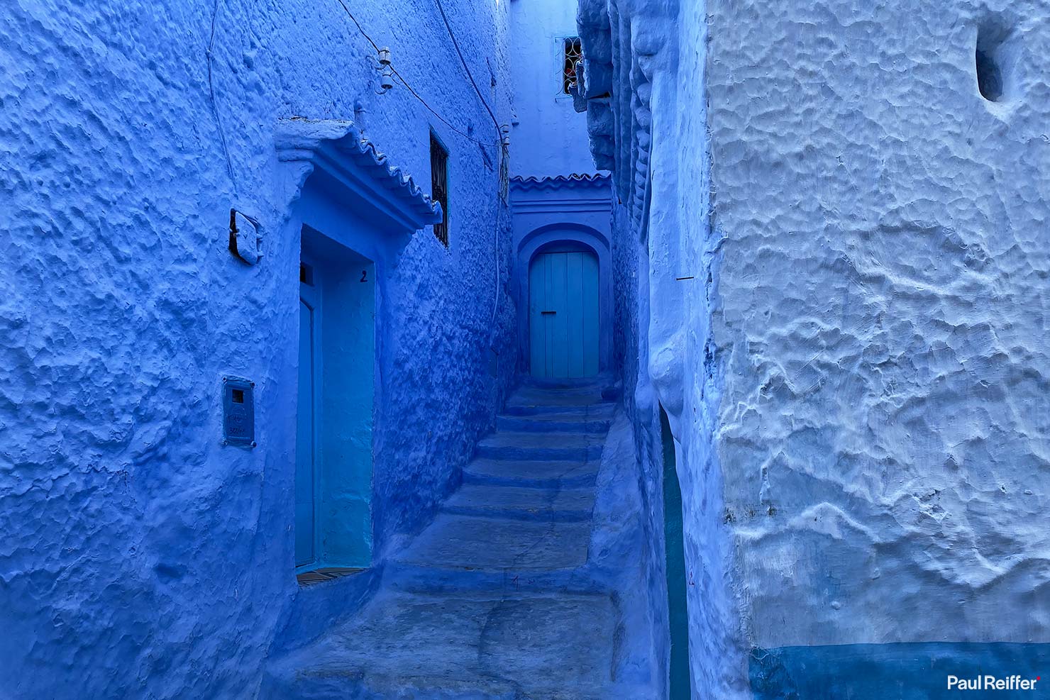 Blue Walls Doorways Alleyway Painted Doors Signs Steps City Visit Chefchaouen Morocco Empty Street Scenes Paul Reiffer Photographer iPhone Travel Apple Landscape Photography